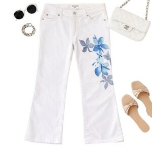 Escada Floral Rhinestone Straight Leg Jeans Size 36 White Italy Luxury Designer